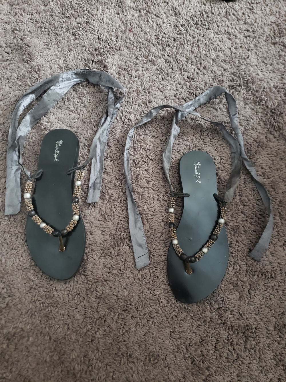 Island Girl Beaded Tie-Up Sandals - Black with Gray Ribbon